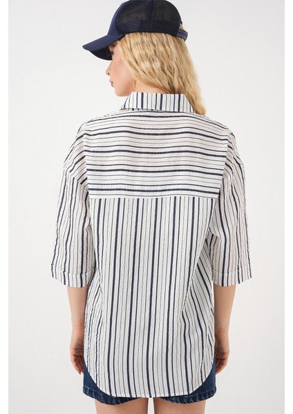 Kadın BDART Üç Çeyrek Kollu Şeritli Poplin Gömlek Lacivert