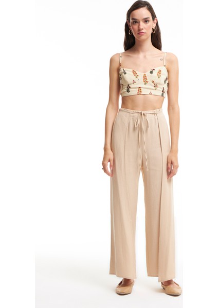 Yırtmaç Detaylı Keten Pantolon Bej modelleri