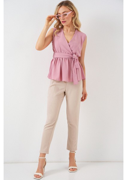 Kadın BDART V Yaka Bağlama Yaylı Bluz Pink fiyatları