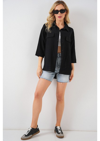 Kadın BDART Cepli Dokulu Krep Gömlek Siyah fiyatları