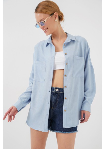 Kadın BDART Cepli Uzun Kollu Oversize Keten Karışımlı Gömlek Blue