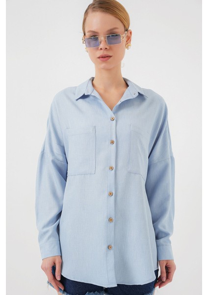 Kadın BDART Cepli Uzun Kollu Oversize Keten Karışımlı Gömlek Blue modelleri