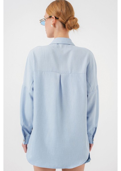 Kadın BDART Cepli Uzun Kollu Oversize Keten Karışımlı Gömlek Blue indirimleri