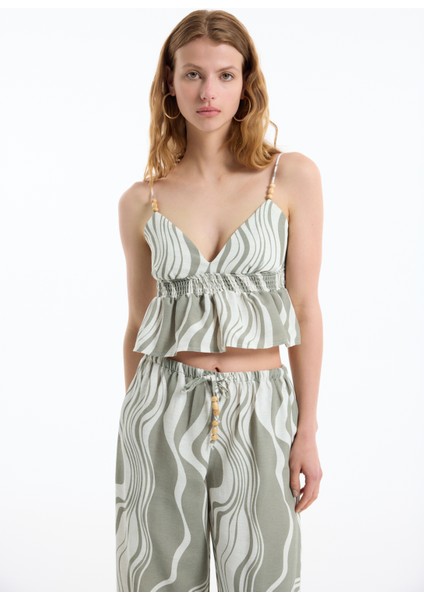 Boncuk Askılı Gipeli Crop Keten Bluz Haki fırsatları