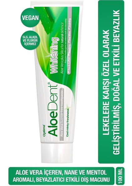 Diş Macunu 100 ml Vegan Formül Aloe Vera ve Mentol Aromasıyla Etkili Beyazlık