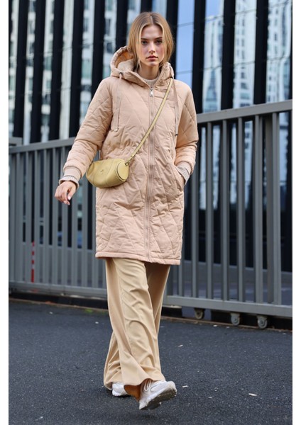 Kadın BDART Uzun Kapüşonlu Dokulu Gabardin Kaban Natural fiyatları