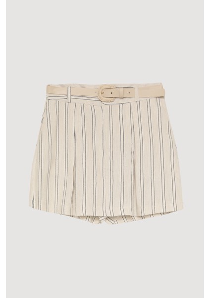 Beli Kemerli Ince Çizgili Keten Şort Etek Naturel fiyatları