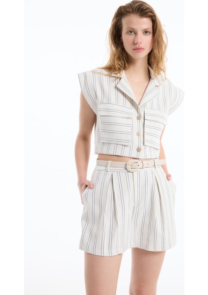 Beli Kemerli Ince Çizgili Keten Şort Etek Naturel modelleri