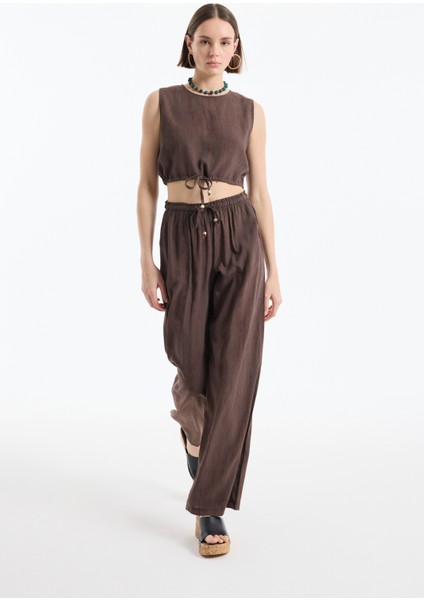 Beli Lastikli Desenli Bol Paça Pantolon Kahverengi modelleri