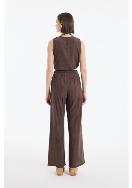 Beli Lastikli Desenli Bol Paça Pantolon Kahverengi indirimleri