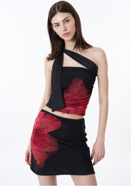 Drapeli Desenli Tül Bluz Siyah fırsatları