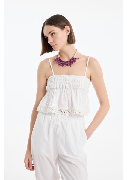 Şerit Dantelli Askılı Volanlı Bluz Ekru fırsatları