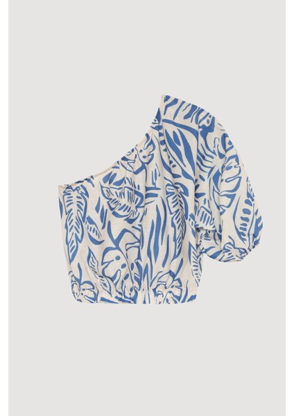 Tropik Desenli Tek Omuz Crop Bluz Mavi fiyatları