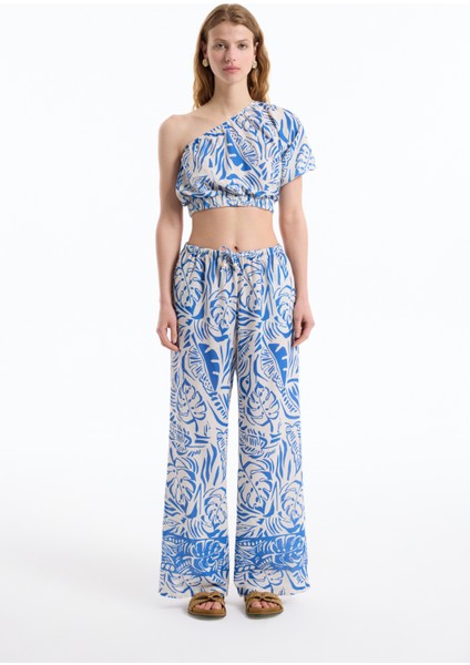 Tropik Desenli Tek Omuz Crop Bluz Mavi modelleri
