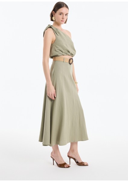 Bağlama Detaylı Tek Omuz Keten Crop Bluz Haki modelleri