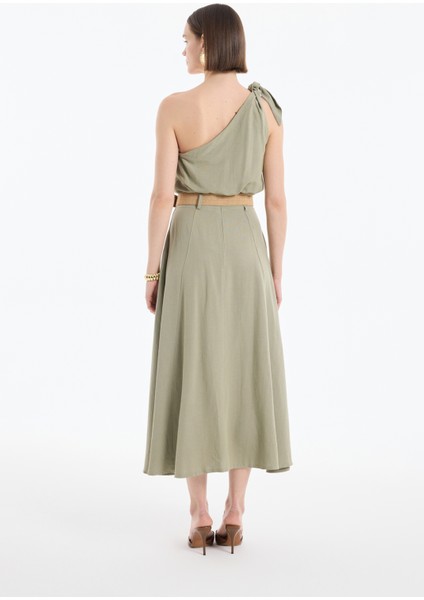 Bağlama Detaylı Tek Omuz Keten Crop Bluz Haki indirimleri