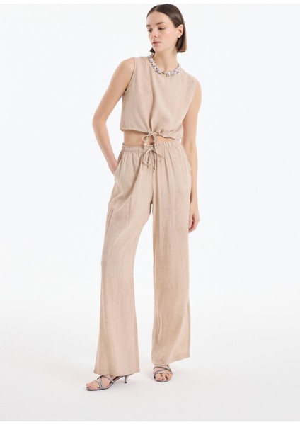 Beli Lastikli Desenli Bol Paça Pantolon Bej modelleri