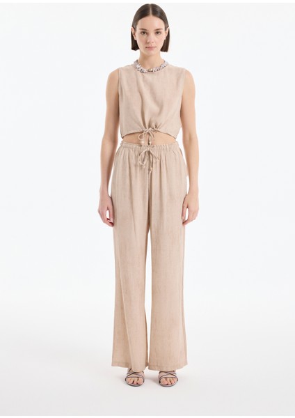 Beli Lastikli Desenli Bol Paça Pantolon Bej fırsatları