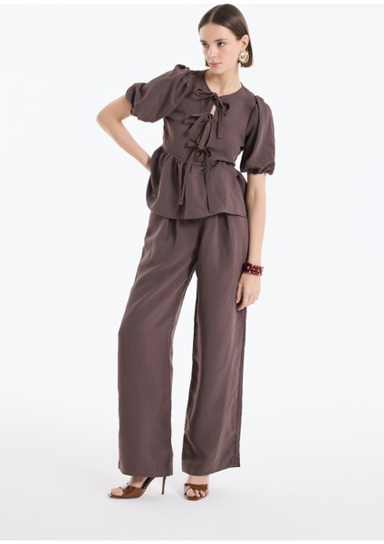 Beli Bağlama Detaylı Bol Paça Pantolon Kahverengi modelleri