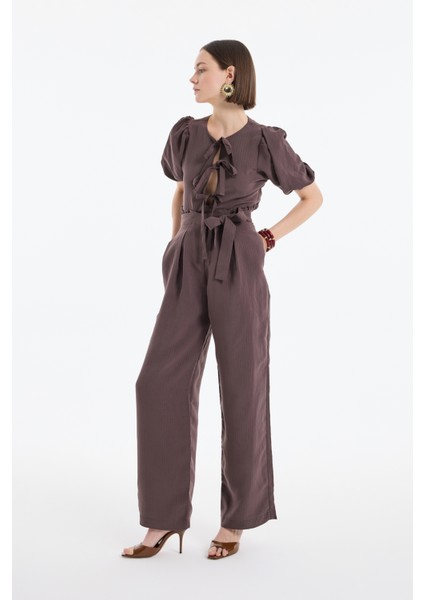 Beli Bağlama Detaylı Bol Paça Pantolon Kahverengi fırsatları