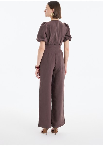 Beli Bağlama Detaylı Bol Paça Pantolon Kahverengi indirimleri