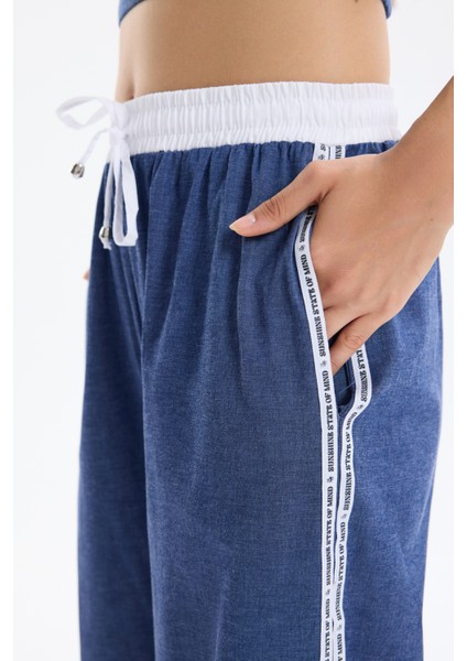 Yanları Şerit Yazılı Kot Görünümlü Pantolon Indigo fırsatları