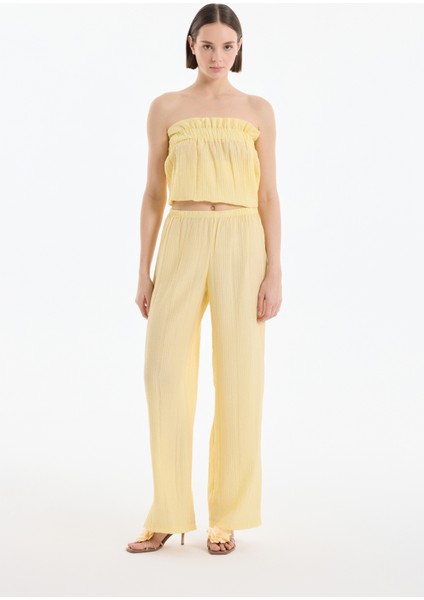 Gofre Kumaş Geniş Paça Pantolon Sarı modelleri