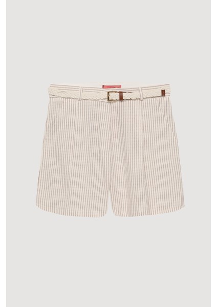 Örgü Kemerli İnce Çizgili Keten Mini Şort Naturel fiyatları