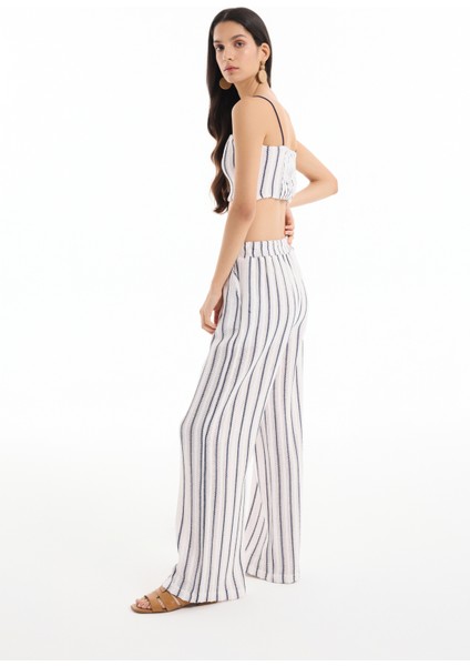 Bağcık ve Püskül Detaylı Çizgili Pantolon Ekru indirimleri