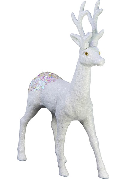 Yılbaşı Süsü Simli Kalın Boynuzlu Geyik Biblo Beyaz 33 cm