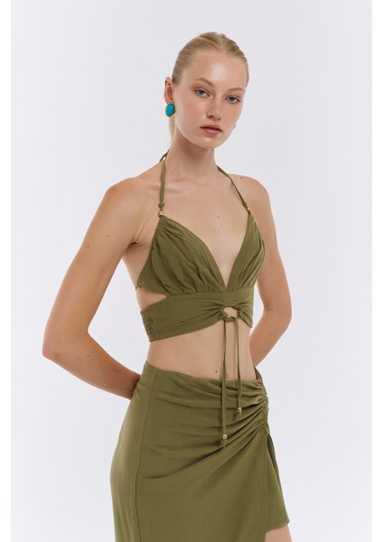 Boyundan Bağlama Detaylı Keten Bluz Haki fırsatları