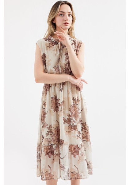 Kadın BDART Çiçek Desenli Midi Elbise ile Kemer Brown fiyatları