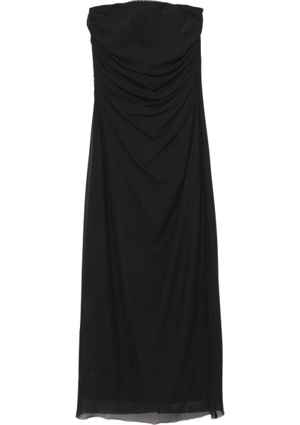Drape Detaylı Straplez Midi Tül Elbise Siyah