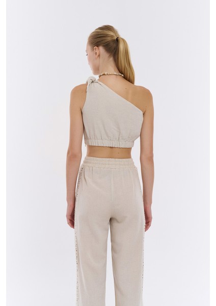Tek Omuz Crop Keten Bluz Naturel indirimleri
