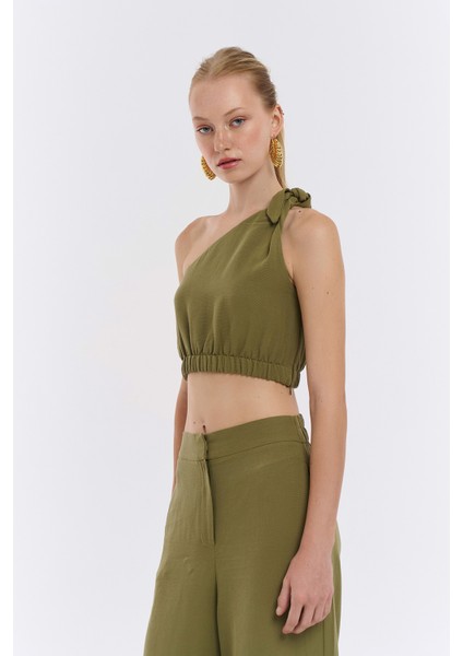 Tek Omuz Crop Keten Bluz Haki fırsatları