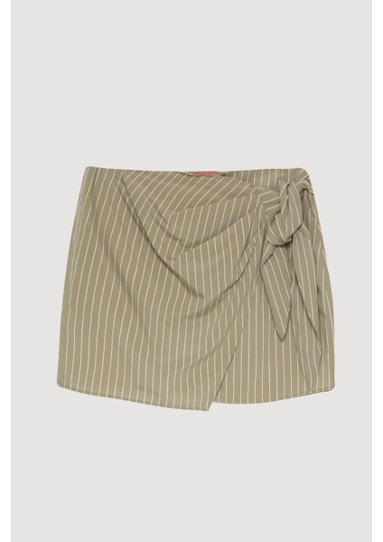 Volan Bağlamalı Çizgili Mini Etek Haki fiyatları