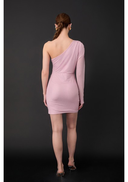 Taş Aksesuarlı Tek Omuz Mini Elbise Pembe indirimleri