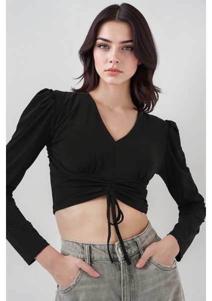 Kadın BDART Drapeli V Yaka Dikişli Crop Top Siyah