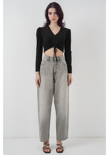 Kadın BDART Drapeli V Yaka Dikişli Crop Top Siyah fiyatları