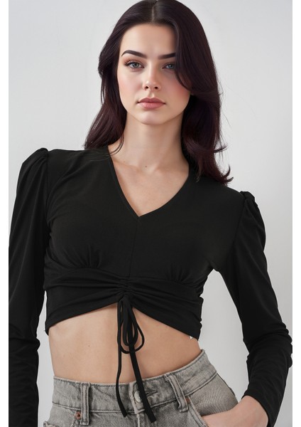 Kadın BDART Drapeli V Yaka Dikişli Crop Top Siyah modelleri
