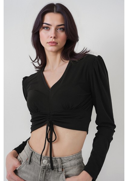Kadın BDART Drapeli V Yaka Dikişli Crop Top Siyah fırsatları