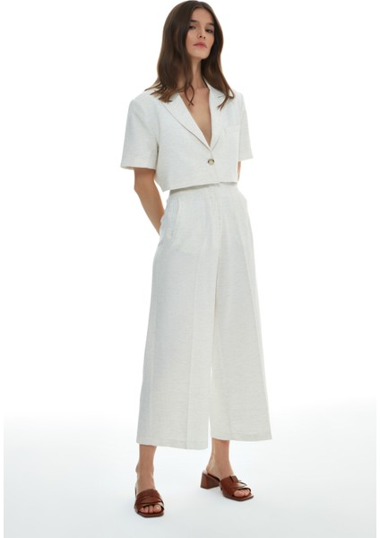 Pens Detaylı Keten Pantolon Kemik