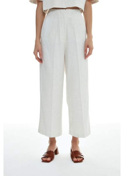 Pens Detaylı Keten Pantolon Kemik fırsatları