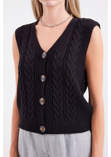 Kadın BDART Düğmeli Kısa V Yakalı Dokulu Yelek Black fırsatları