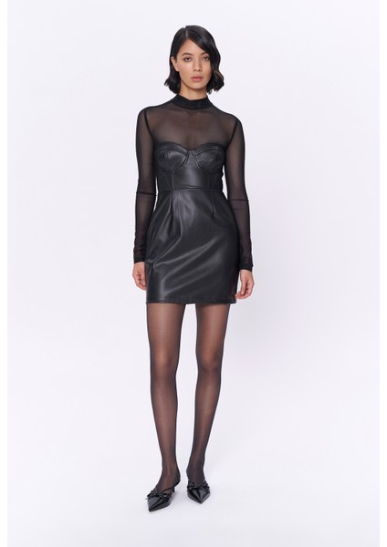 Tül Detaylı Deri Mini Elbise Siyah modelleri
