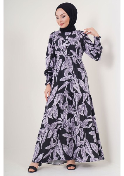 Kadın BDART Düğmeli Yaka ile Çiçekli Maxi Elbise Black