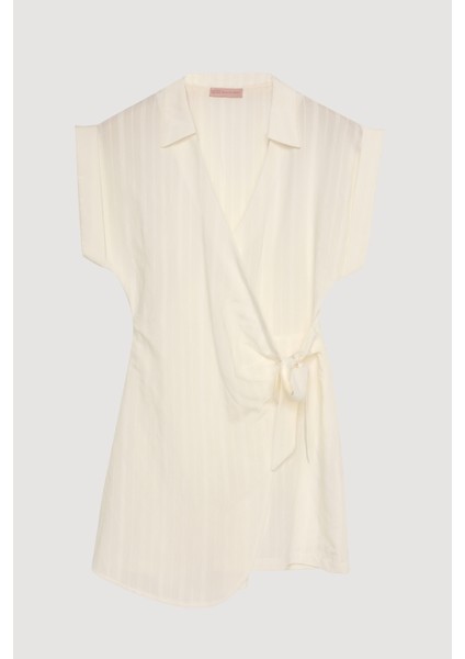 Kruvaze Yaka Beli Bağlamalı Şort Tulum Ekru fiyatları