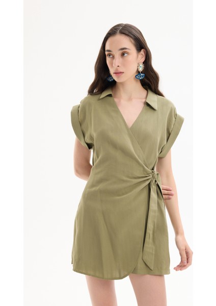 Kruvaze Yaka Beli Bağlamalı Şort Tulum Haki modelleri