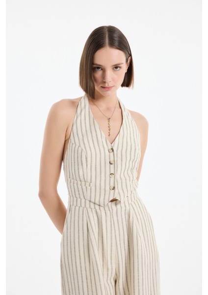 Halter Yakalı Çizgili Uzun Tulum Naturel fırsatları