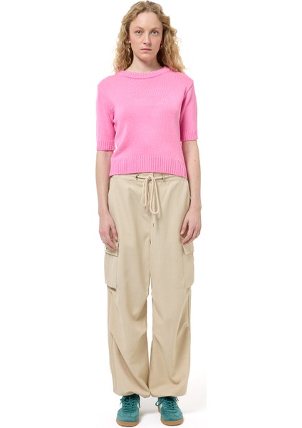 Sırtı Yazı Baskılı Kısa Kol Triko Kazak Pembe modelleri